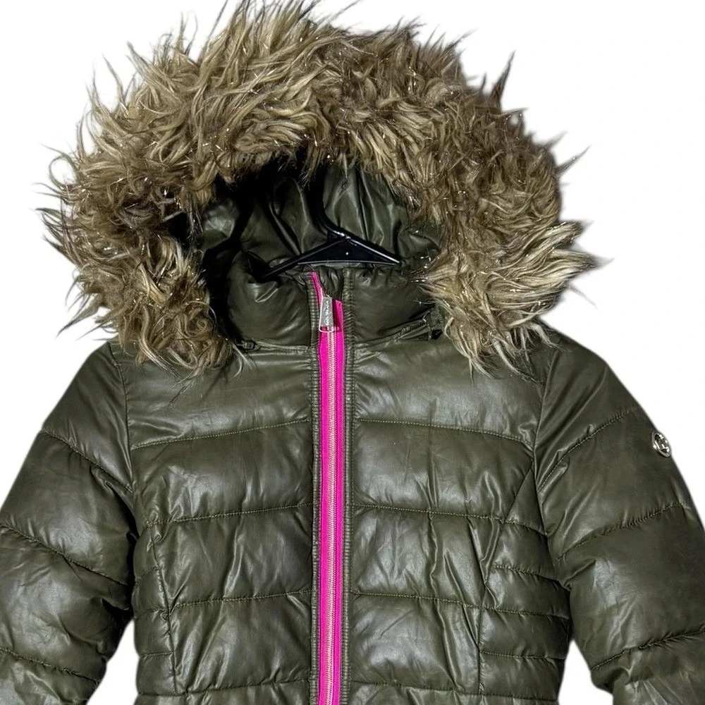 Michael Kors Girls Puffer Jacket‎ 8 Green Pink Zipper Faux Fur Hood Logo Gold